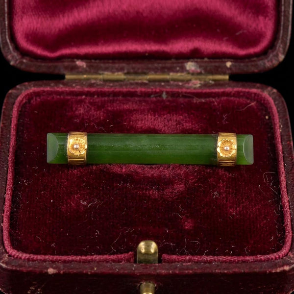 Antique Jade 9K Gold Forget Me Not Bar Brooch