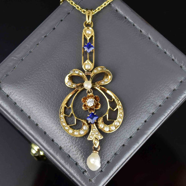 Antique Art Nouveau 14K Gold Diamond Sapphire Bow Lavaliere Necklace - Boylerpf