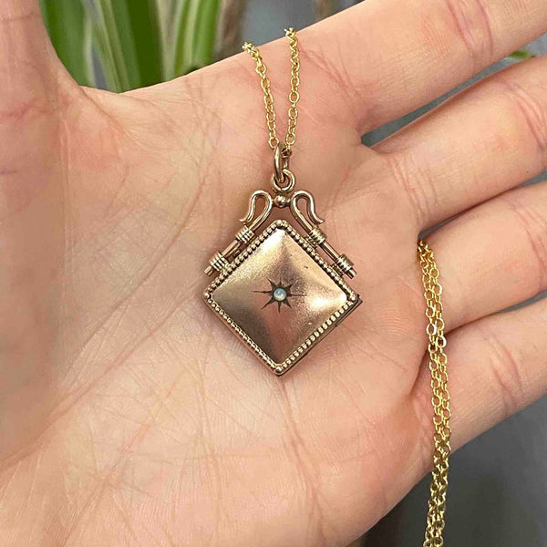 Antique Opal Starburst Square Gold Filled Locket Necklace - Boylerpf