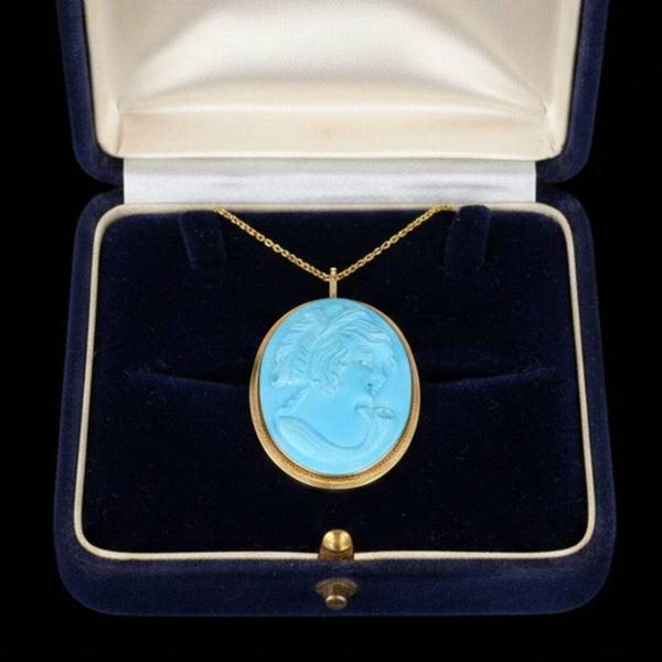 Vintage 14K Gold Blue Howlite Cameo Brooch Pendant