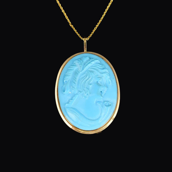 Vintage 14K Gold Blue Howlite Cameo Brooch Pendant