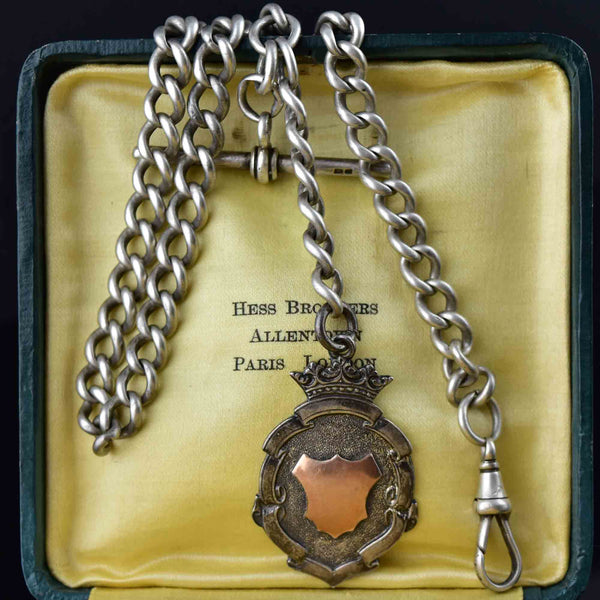 Edwardian Silver Rose Gold Shield Medallion Watch Chain Necklace - Boylerpf