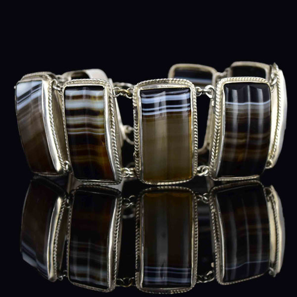 Antique Sterling Silver Scottish Banded Agate Link Bracelet - Boylerpf