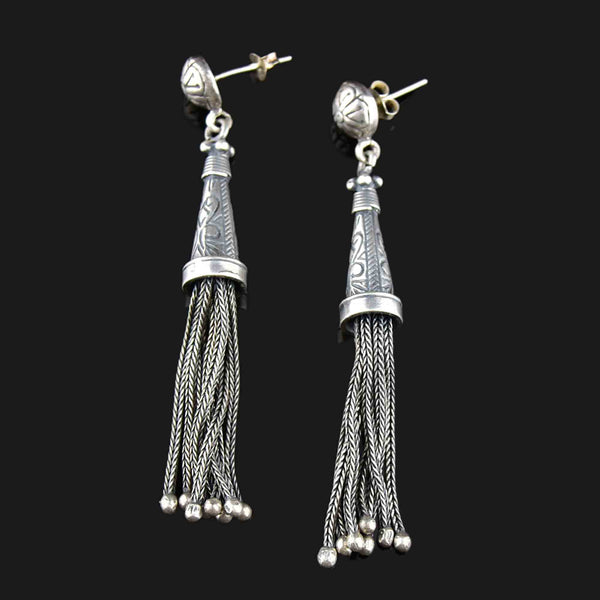 Antique Albertina Silver Tassel Fob Stud Drop Earrings - Boylerpf