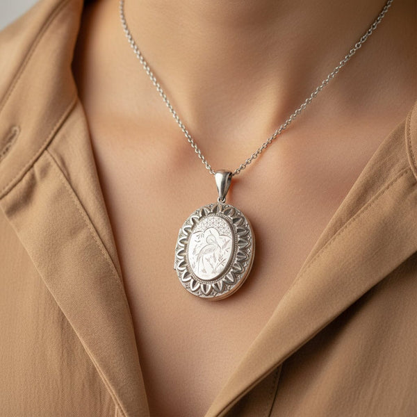 Antique Engraved Silver Heron Bird Locket Necklace