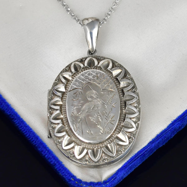 Antique Engraved Silver Heron Bird Locket Necklace