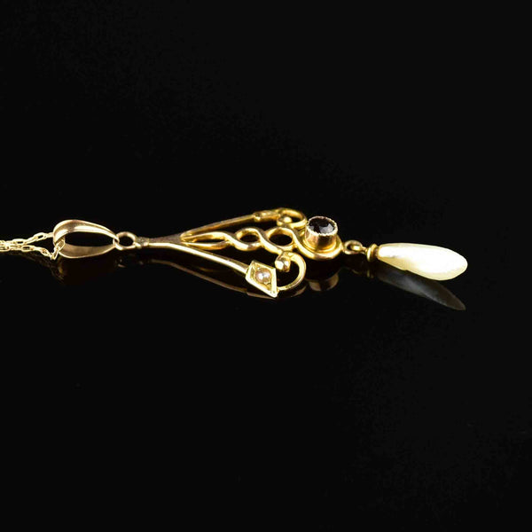 Edwardian 10K Gold Garnet Seed Pearl Lavaliere Necklace - Boylerpf