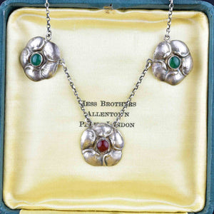 Silver Arts and Crafts Carnelian Green Agate Floral Necklace - Boylerpf