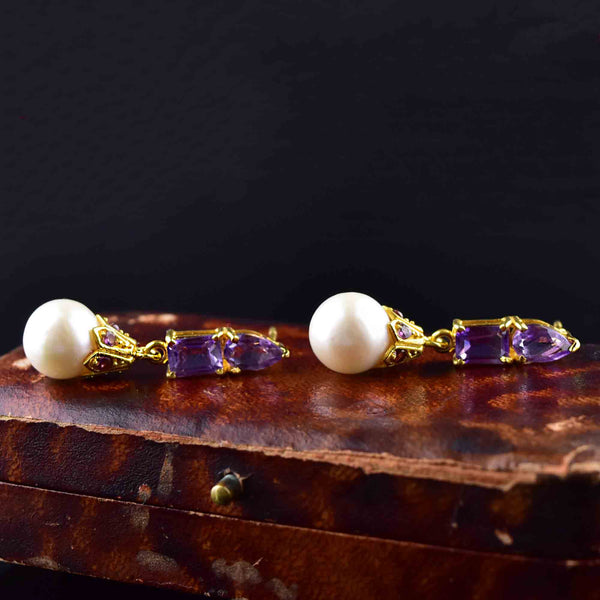 Vintage Amethyst Pearl Stud Drop Earrings - Boylerpf