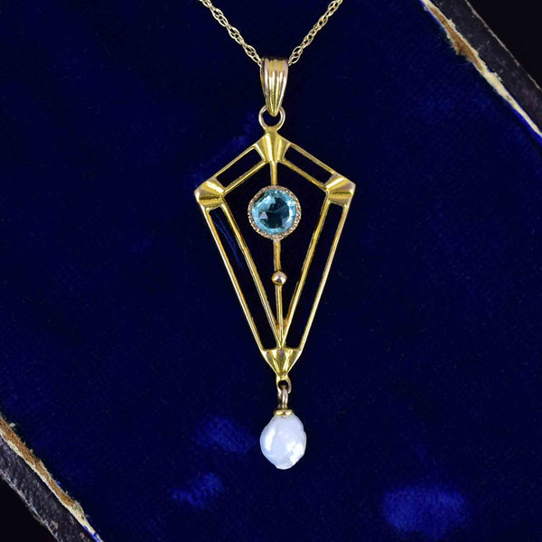 Art Nouveau Gold Pearl Blue Tourmaline Lavaliere Necklace - Boylerpf