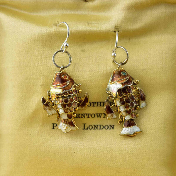 Vintage Articulated Gold Vermeil Enamel Fish Earrings - Boylerpf