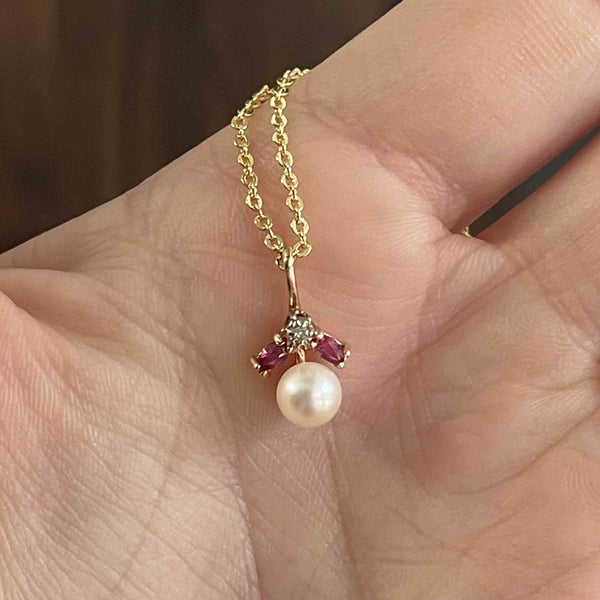 Vintage 14K Gold Pearl Ruby Diamond Pendant Necklace - Boylerpf