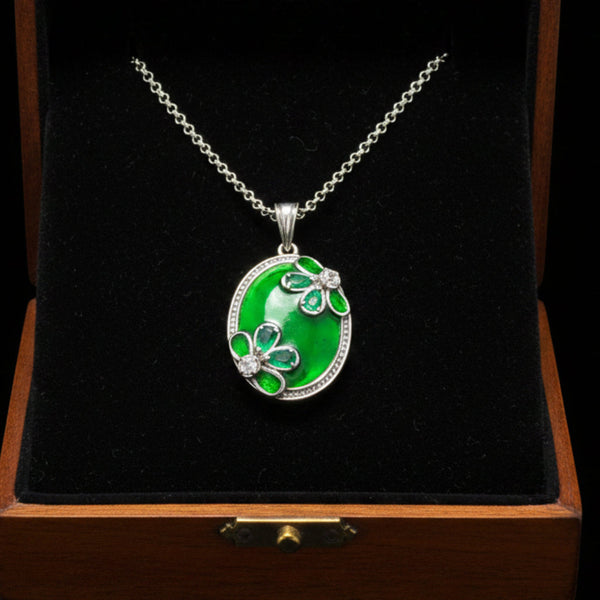 Vintage Green Enamel Emerald Floral Sterling Silver Necklace