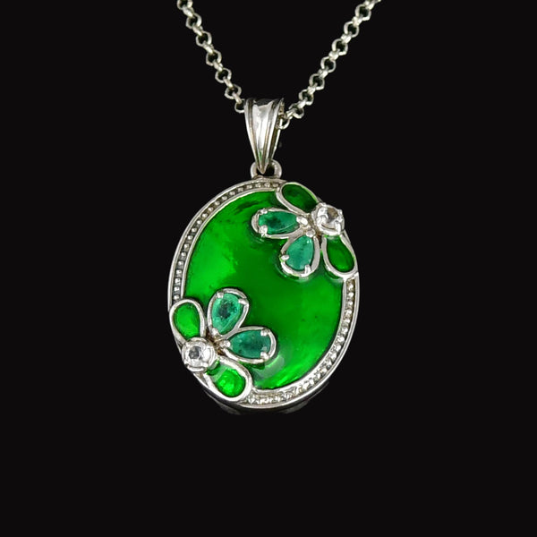 Vintage Green Enamel Emerald Floral Sterling Silver Necklace