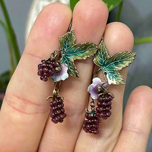 Vintage Silver Amethyst Raspberry Enamel Leaf Earrings - Boylerpf