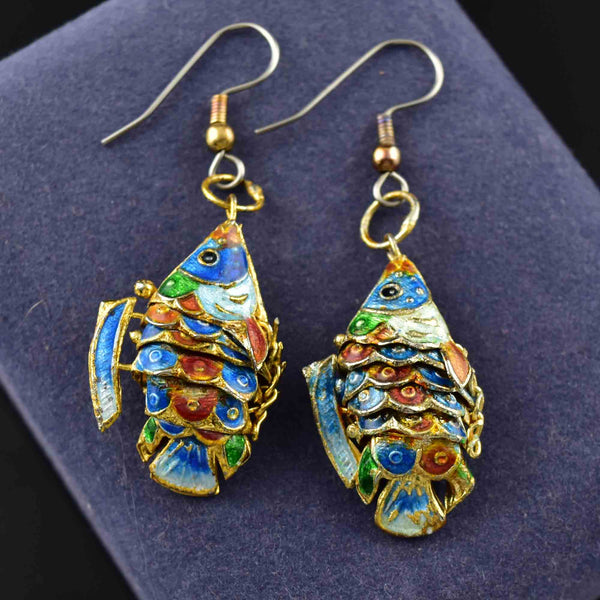 Vintage Gold Vermeil Blue Enamel Articulated Koi Fish Earrings - Boylerpf