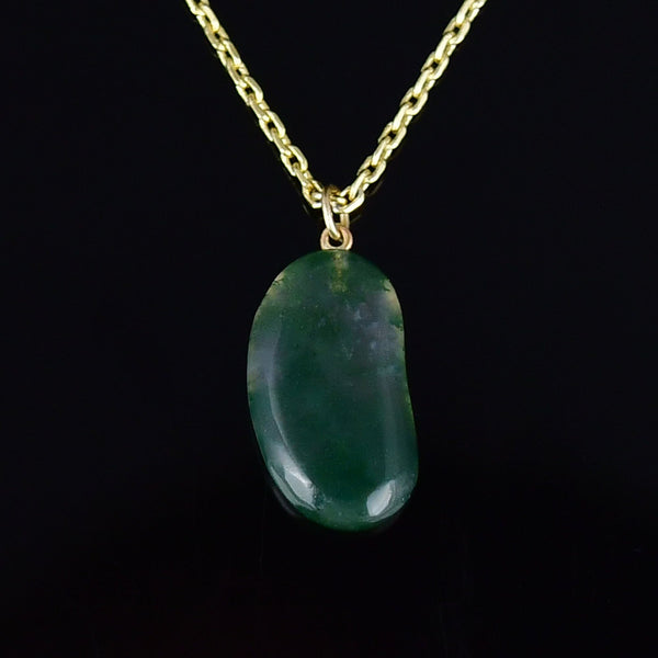 Vintage 9K Gold Moss Agate Lucky Bean Necklace