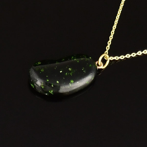 Vintage 9K Gold Green Goldstone Lucky Bean Charm Necklace