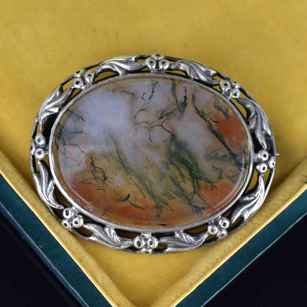 Silver Arts and Crafts Grape Leaf Scottish Moss Agate Brooch - Boylerpf