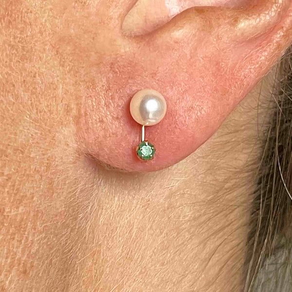 Vintage 14K Gold Emerald Pearl Stud Drop Earrings - Boylerpf