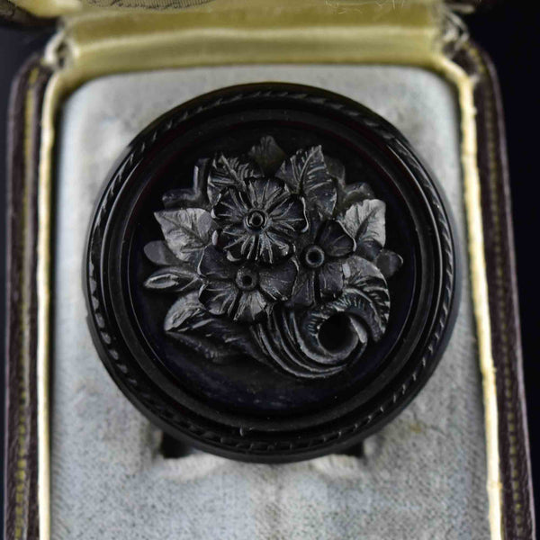 Antique Carved Whitby Jet Forget Me Not Locket Brooch - Boylerpf