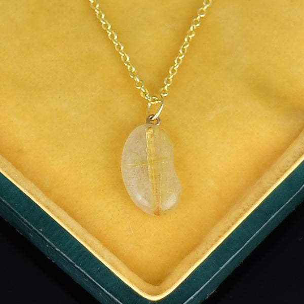 Vintage Rutilated Quartz 9K Gold Lucky Bean Necklace