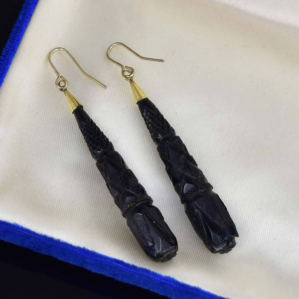 Victorian 9K Gold Carved Whitby Jet Earrings