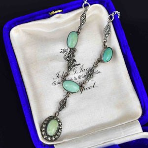 Art Deco Silver Marcasite Turquoise Pendant Necklace - Boylerpf