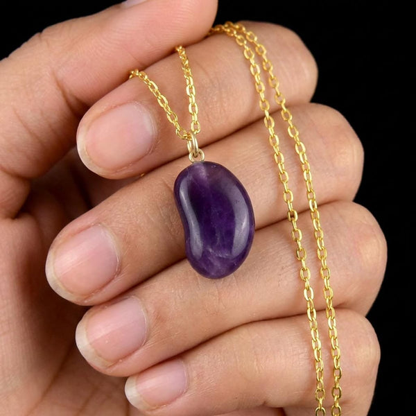 Vintage Amethyst 9K Gold Lucky Bean Pendant Necklace
