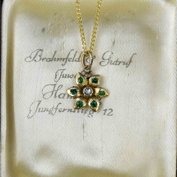 Antique 14K Gold Diamond Emerald Flower Charm Pendant Necklace - Boylerpf