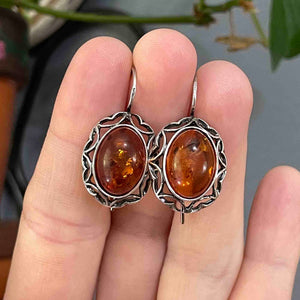 Vintage Silver Heart Amber Cabochon Statement Earrings - Boylerpf