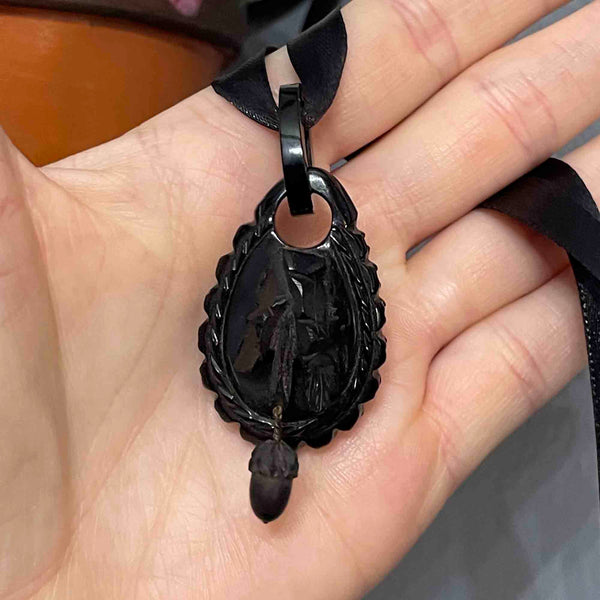 Antique Victorian Carved Whitby Jet Acorn Pendant - Boylerpf