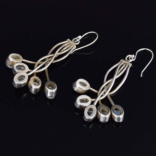 Vintage Moonstone Cabochon Sterling Silver Drop Earrings