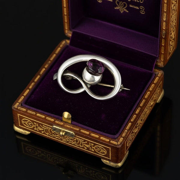 Art Nouveau Charles Horner Silver Amethyst Thistle Brooch - Boylerpf