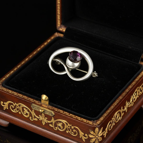 Art Nouveau Charles Horner Silver Amethyst Thistle Brooch - Boylerpf