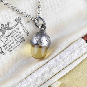Vintage Silver Citrine Carved Acorn Pendant Necklace - Boylerpf