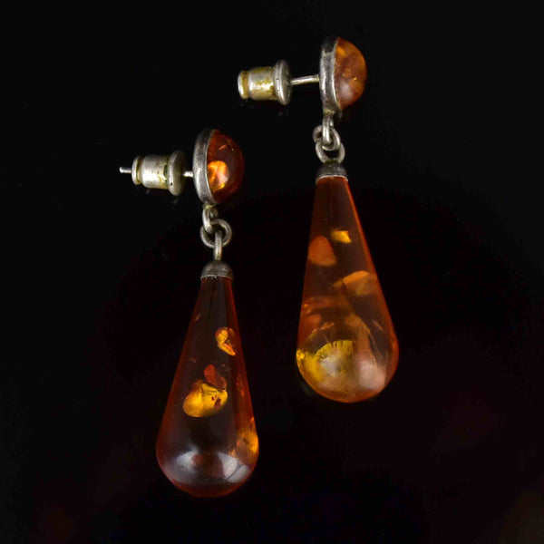 Vintage Art Deco Style Silver Baltic Amber Drop Earrings