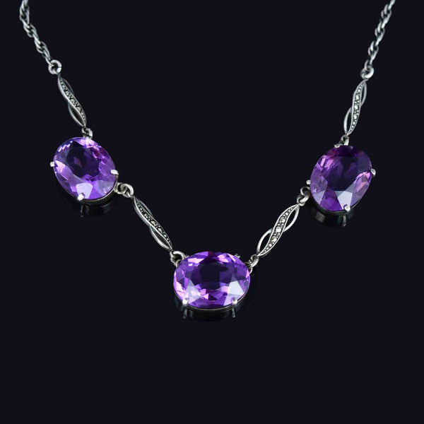 Art Deco Style Sterling Silver Amethyst Marcasite Necklace - Boylerpf