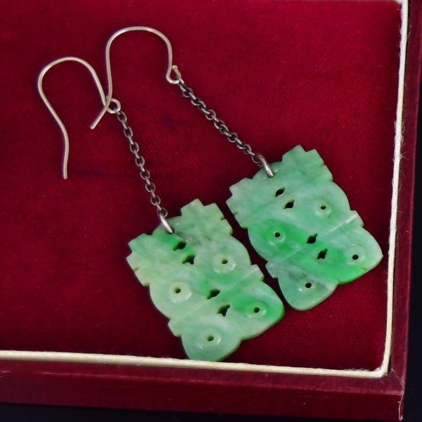 Vintage Carved Jade Zodiac Silver Chain Drop Earrings - Boylerpf