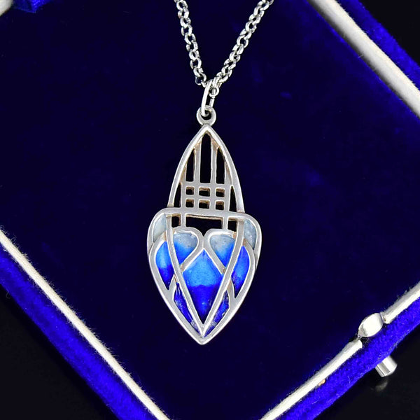 Antique Art Nouveau Silver Blue Enamel Heart Pendant Necklace - Boylerpf