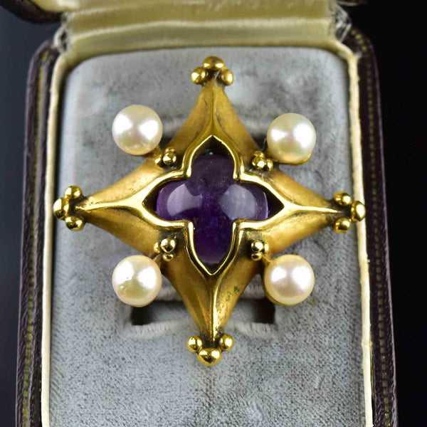 Vintage Quatrefoil Amethyst Pearl Brooch - Boylerpf