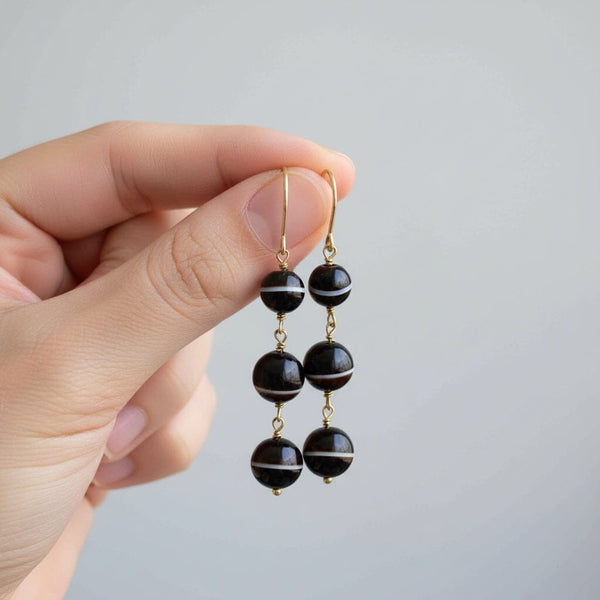 Vintage 14K Gold Banded Agate Ball Drop Earrings