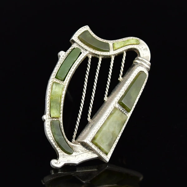 Antique Victorian Irish Connemara Marble Lyre Harp Brooch