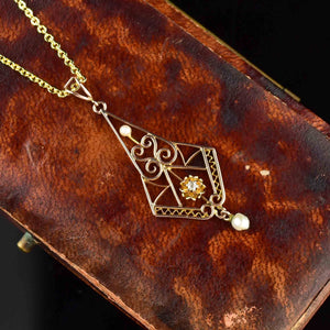 Edwardian 10K Rose Gold Pearl Diamond Lavaliere Necklace - Boylerpf