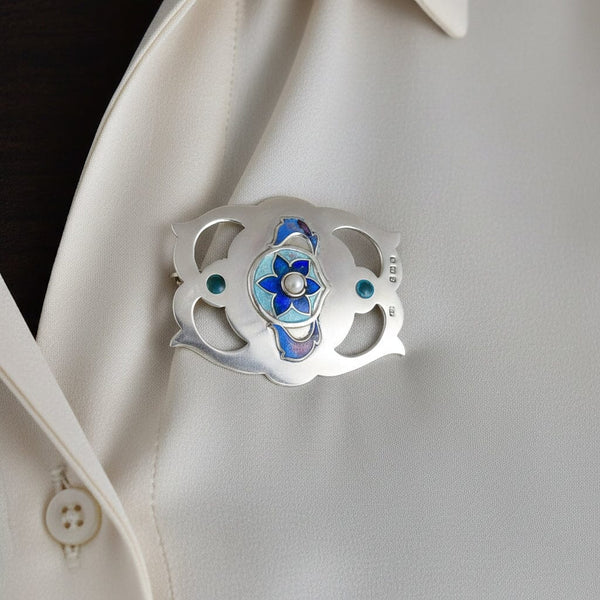 Arts & Crafts Sterling Silver Enamel Flower Brooch
