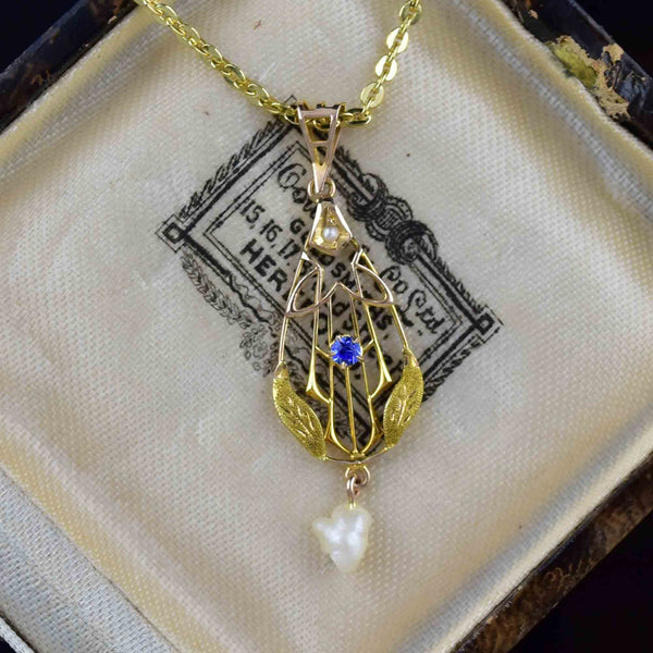 10K Gold Art Nouveau Pearl Sapphire Lavaliere Necklace - Boylerpf