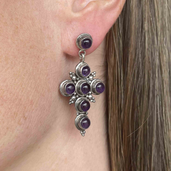 Vintage Silver Amethyst Cross Stud Drop Earrings - Boylerpf