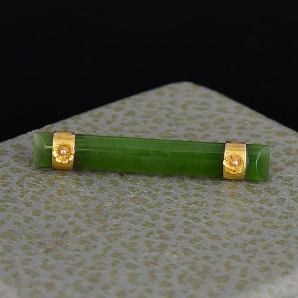 Antique Jade 9K Gold Forget Me Not Bar Brooch