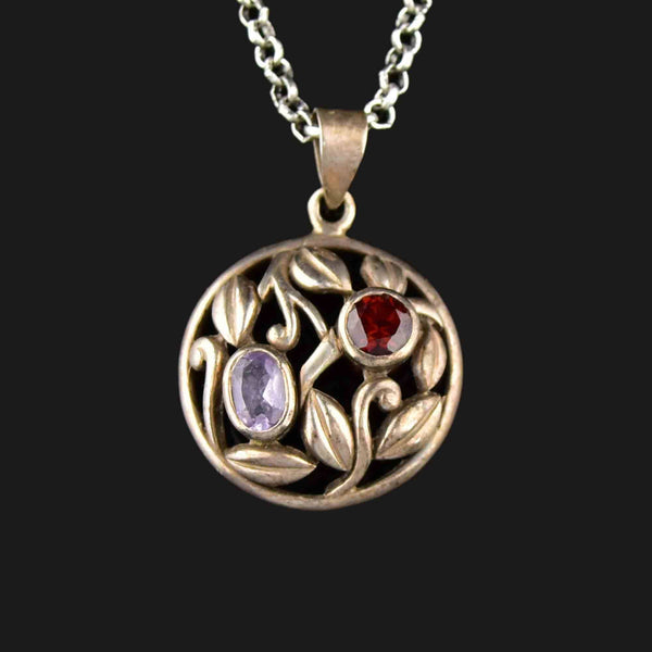 Vintage Silver Floral Amethyst Garnet Pendant Necklace - Boylerpf