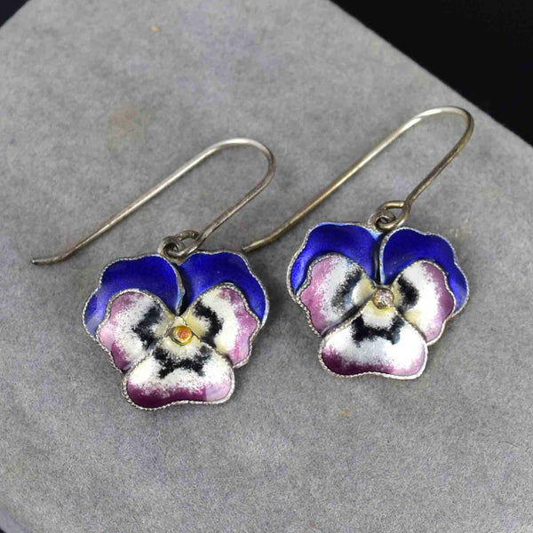 Vintage Art Nouveau Style Enamel Pansy Drop Earrings - Boylerpf